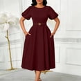 thumbnail image 2 of Ruimatai Women's Round Neck Puff Sleeve Belted A-Line Midi Dresses for Women Formal Party & Office Wear, 2 of 7