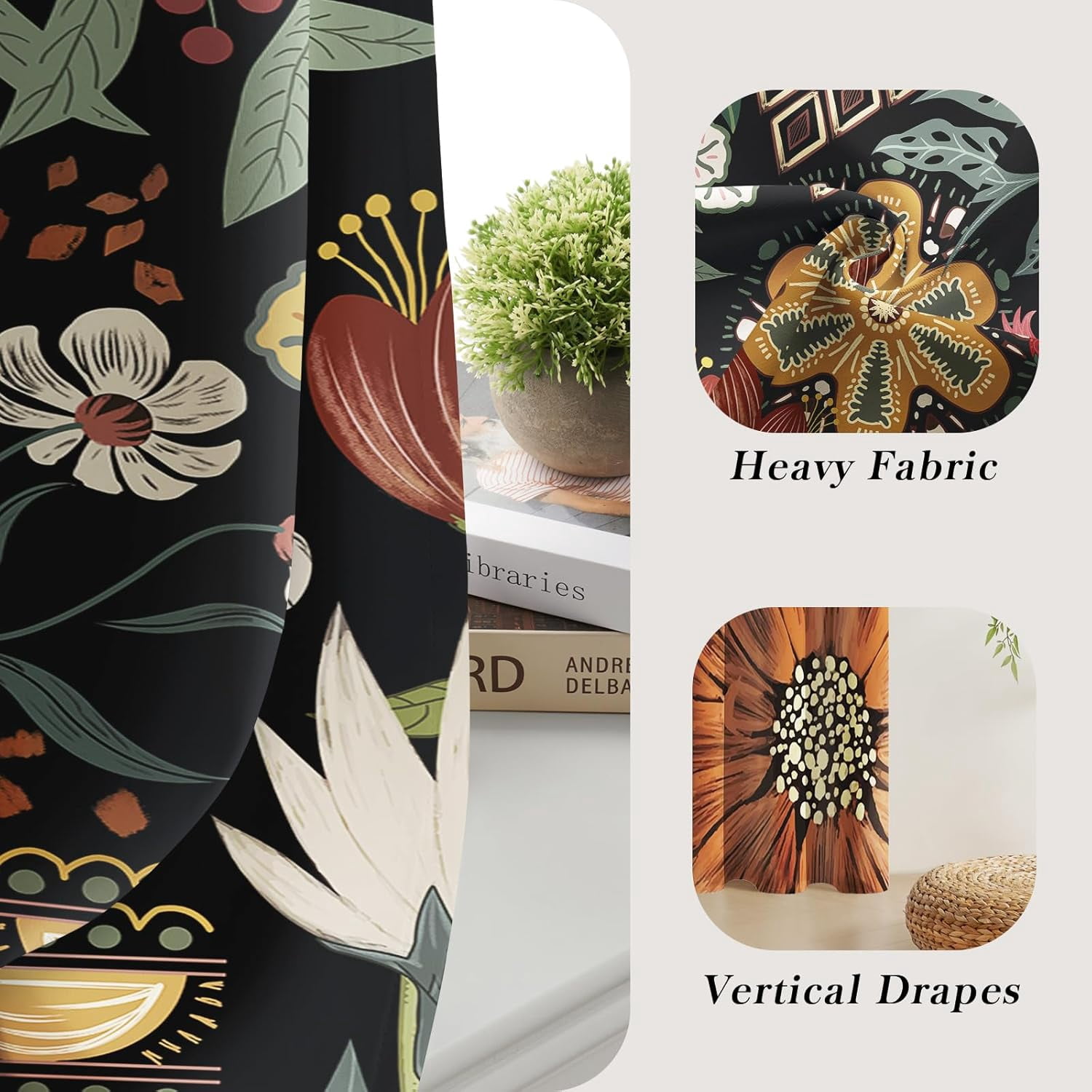 Boho Floral Blackout Curtains for Bedroom Windows, Plant Leaves Print Curtains for Living Room, Black Bohemian Dining Room Curtain Draperies 2 Panel Sets, 52" X 84"