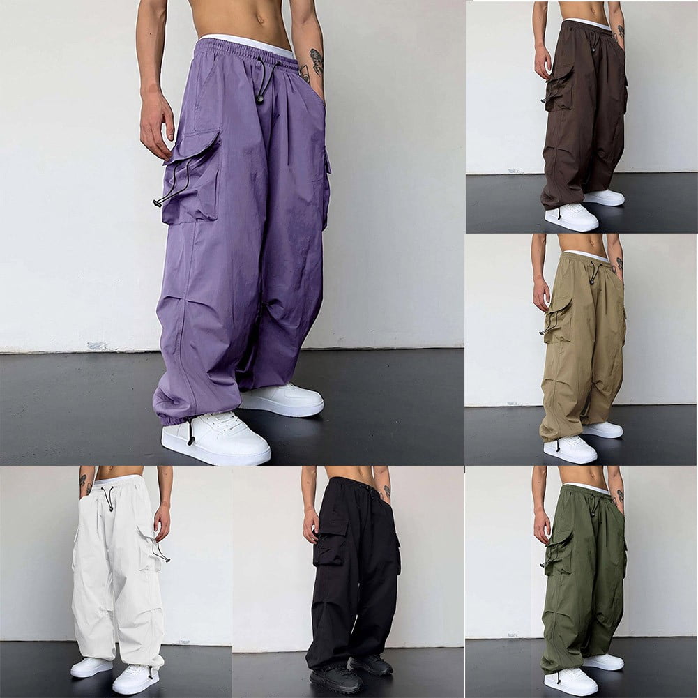 Mens Cargo Parachute Pants Streetwear Vintage Y2K Hip Hop Wide Leg