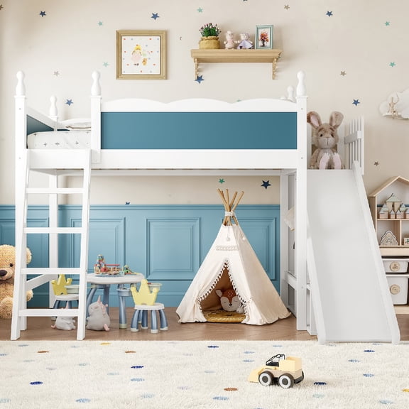 Twin Size Loft Bed Frame with Storage Shelves and Wardrobe, Solid Wood Loft Beds Frame with Detachable Slide and Ladders for Bedroom, Apartment, Mattress not included, White Blue