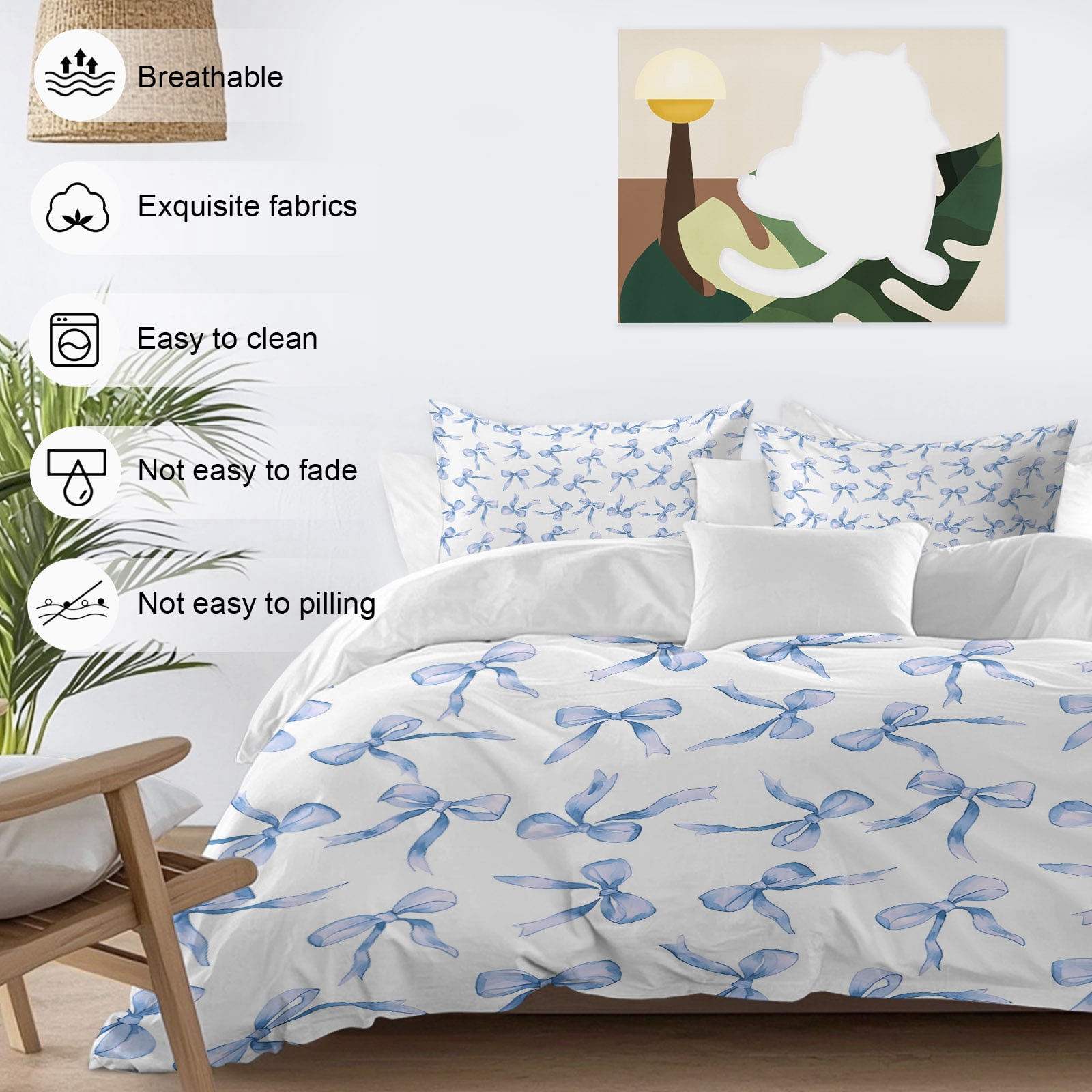 Blue Bow Queen Duvet Cover Set, Watercolor Bow 4 Piece Microfiber Bedding Set with Zipper Closure, Bed Sheet and 2 Pillow Shams, Soft Bedding Cover