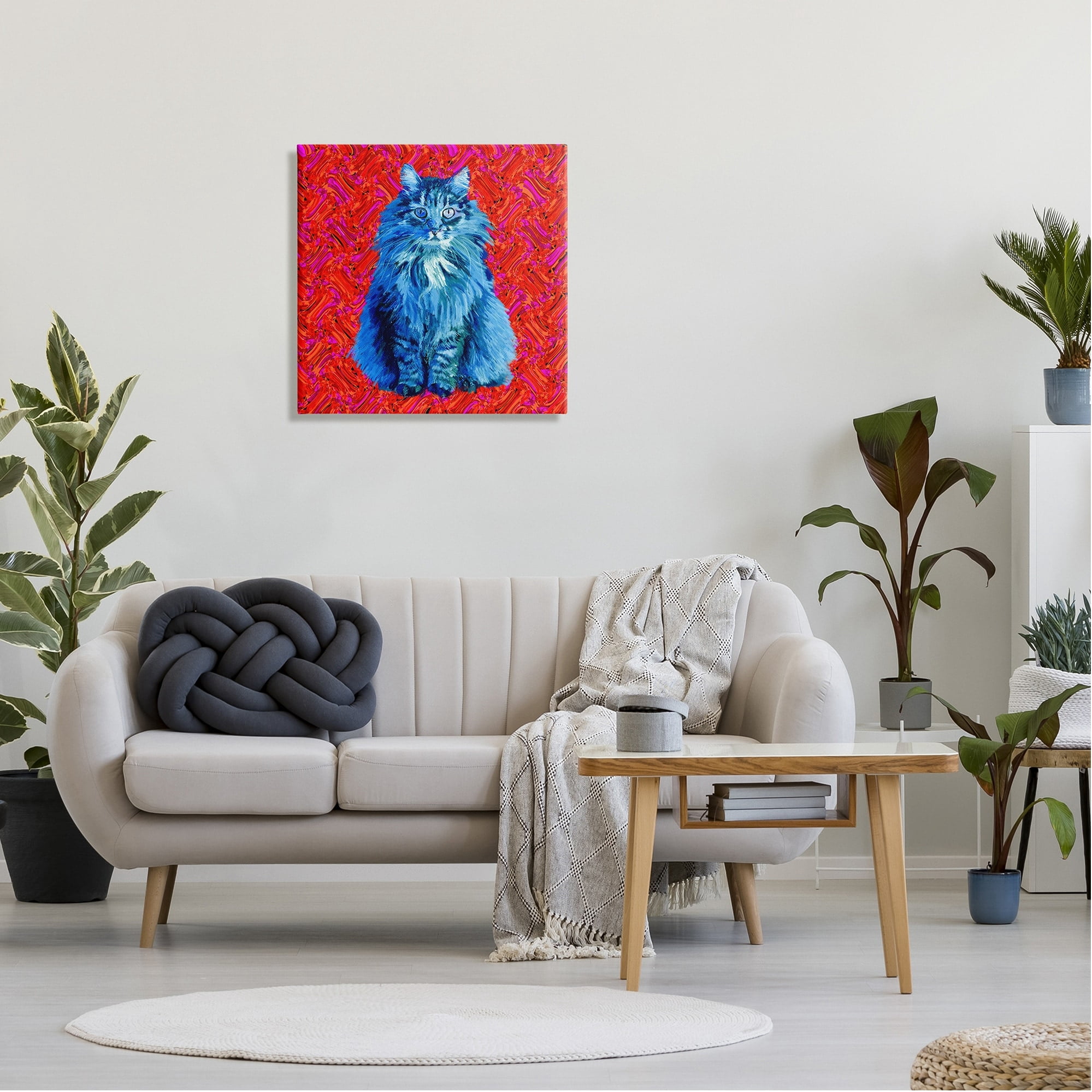 Stupell Industries Modern Pop Design Bold Red Blue Longhair Cat, 24 x 24, Design by Lynnda Rakos