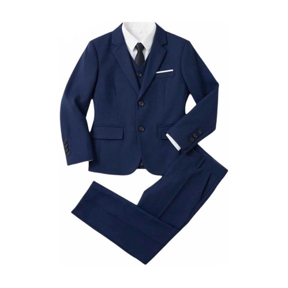 Playtopia Big‑Kids Boys Outfits 6‑Piece Formal Suit Set, Polyester Youth Boys Dress Outfit with Jacket, Sleeveless Top, Pants, Shirt, Tie and Bow‑Tie, 90‑170, Black and Blue for Party