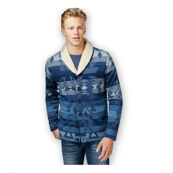American Rag Mens Log Cabin Shawl Knit Sweater, Blue, Medium