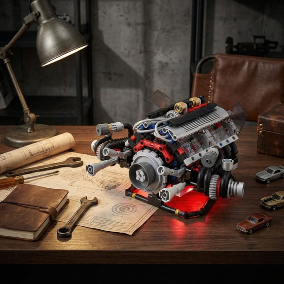 V8 Engine Model Kit That Works with LED Light and APP Control, Collectible Set for Adults, Visible Car Engine Building Engineering Projects