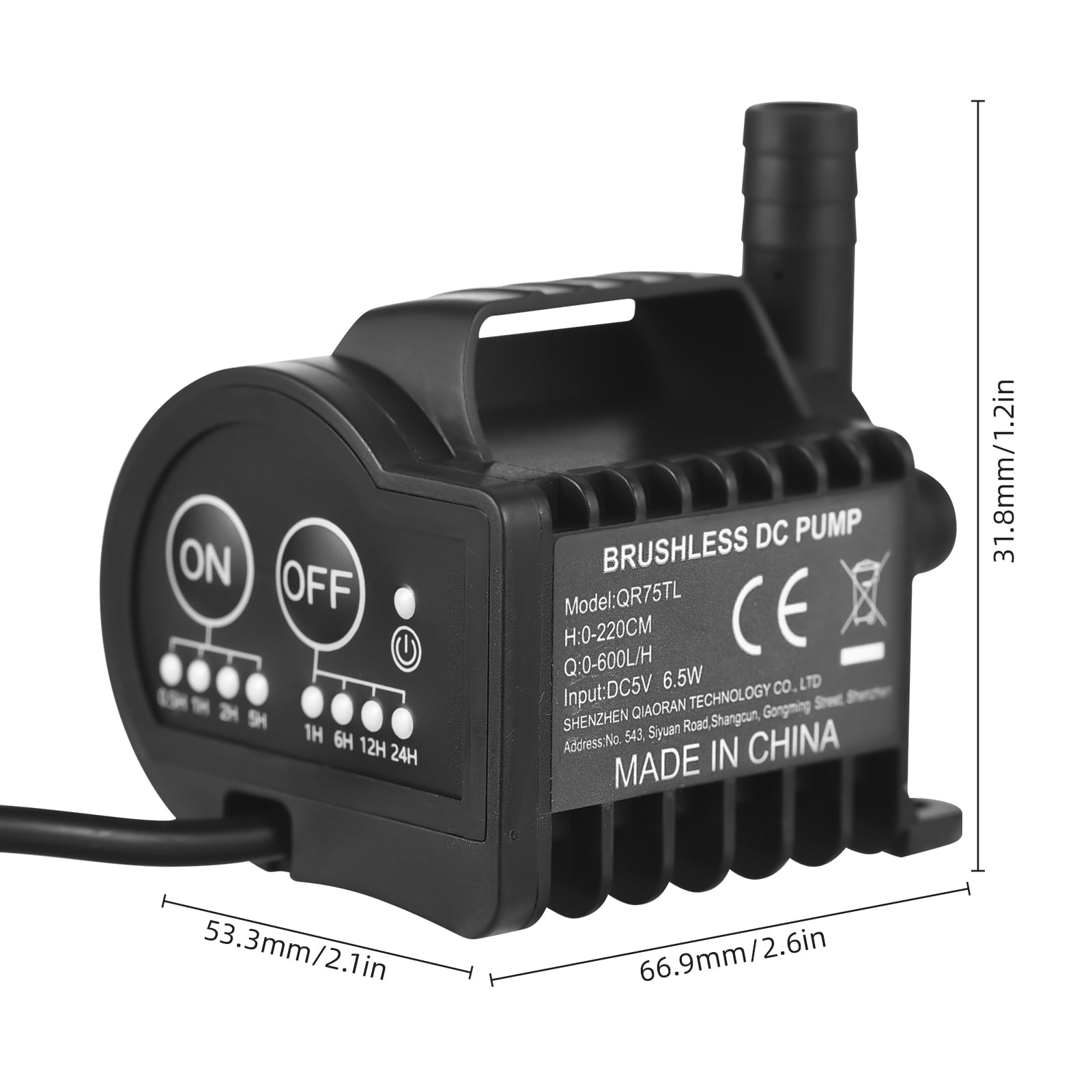 Mini 5V Water Pump with 4 Gear On/Off Timing, Acceleration and Deceleration Function, Max 600L/H Flow 7.2ft Lift, USB Charging Cable and Suction Cup Base