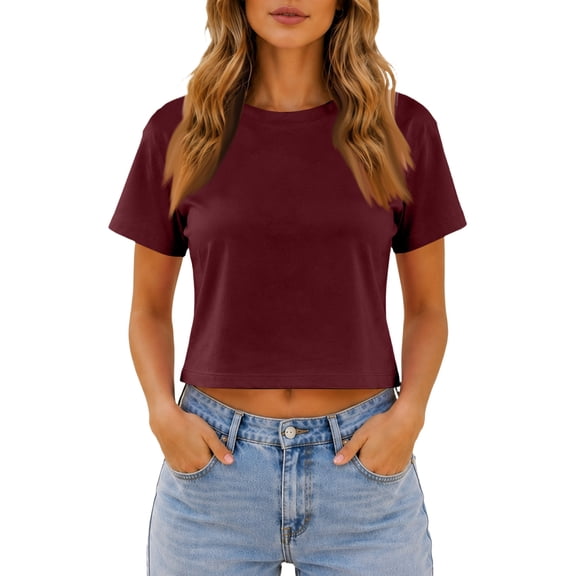 Dwellite Workout Crop Tops Oversized Tshirts for Women Drop Shoulder Crewneck Short Sleeve Shirts 2026 Wine M