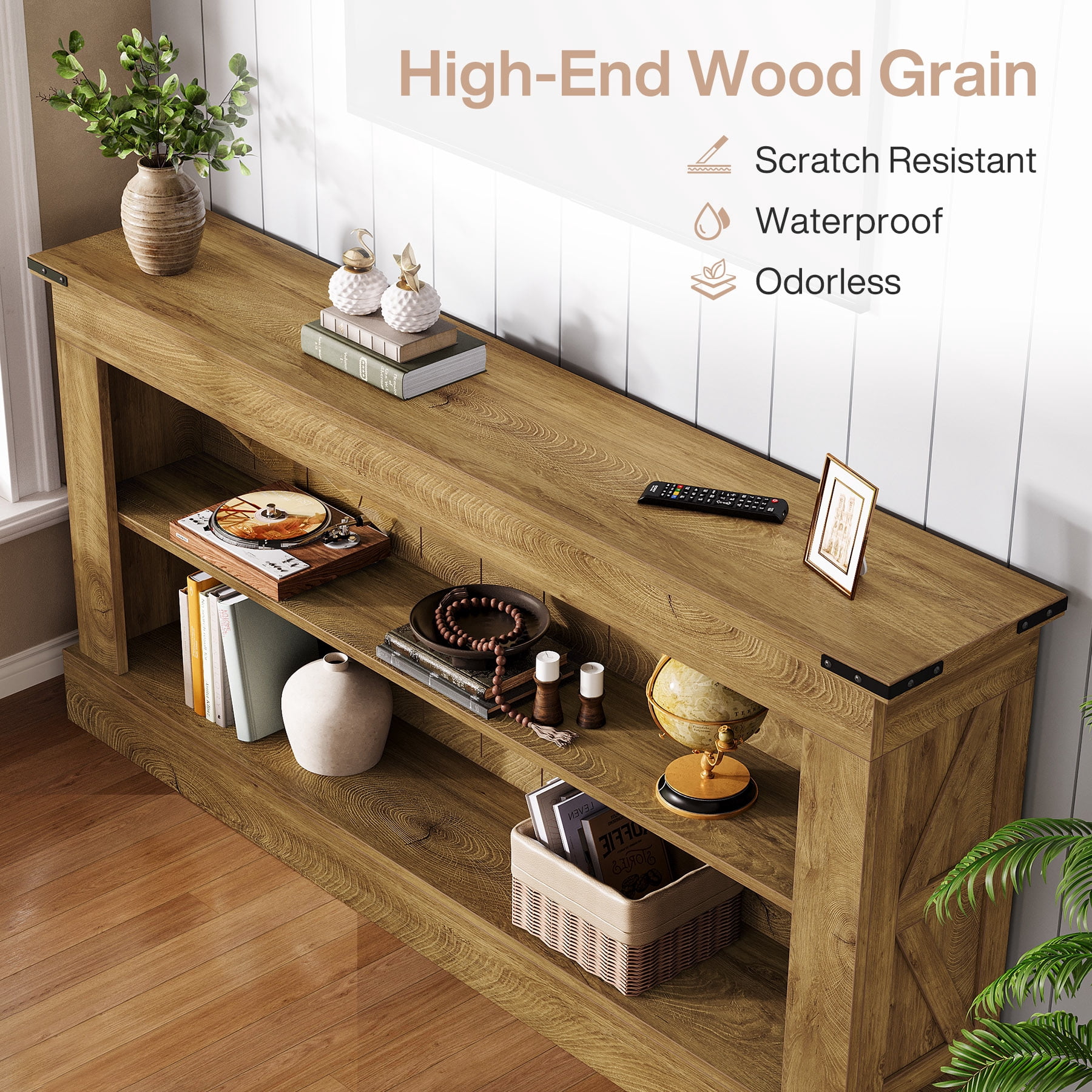 Finmind 63-inch Long Console Table for Entryway, Narrow Long Entry Table with Shelf, Brown