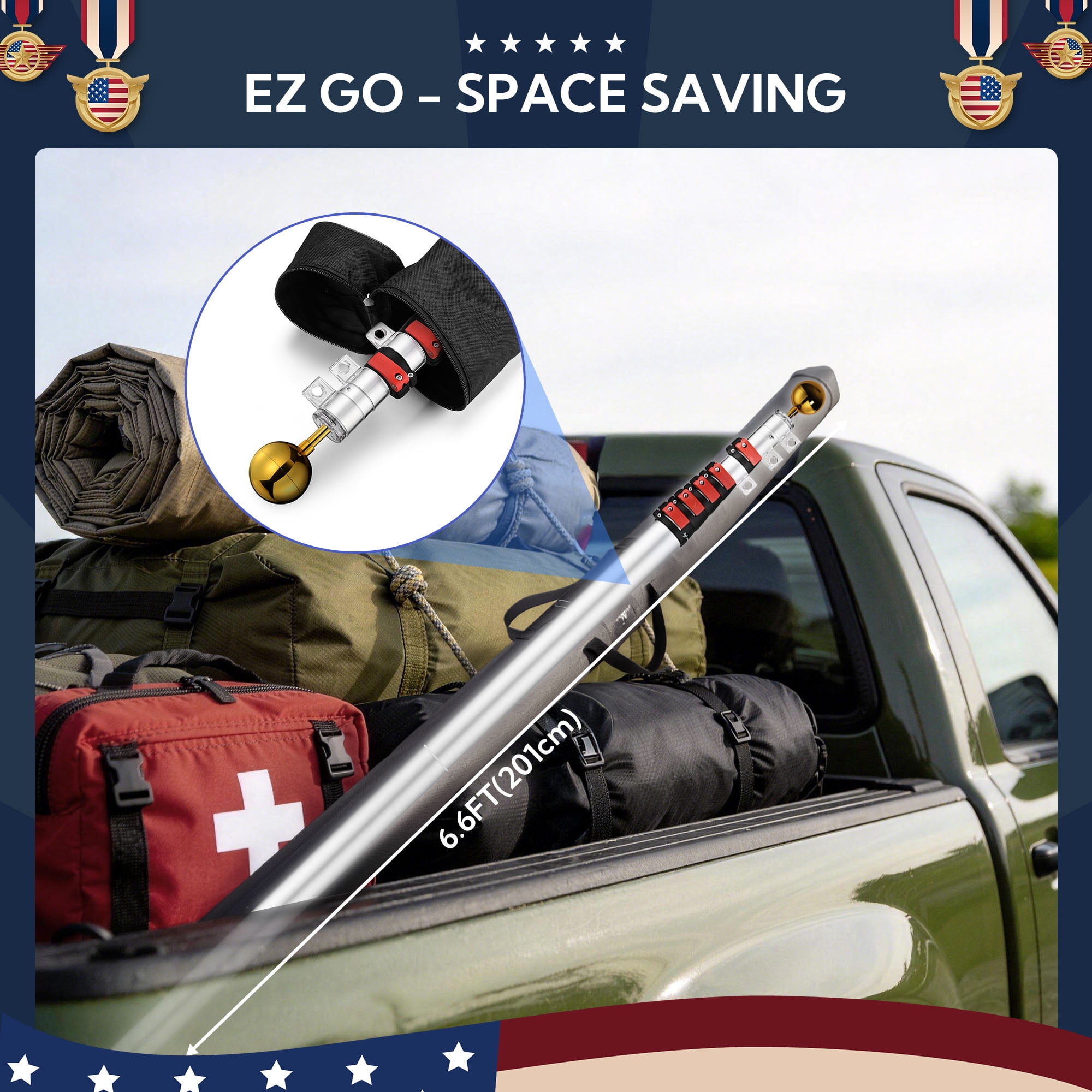 Yescom EZ GO 30ft Telescopic Flag Pole Kit Upgrade Rotating Lock for Outside Inground with 3x5' US Flag Ball Top Silver
