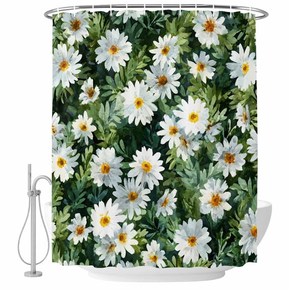 Spring Daisy Shower Curtain, Waterproof Shower Curtains for Bathroom, Country Flowers Green Leaves Rustic Botanical Washable Fabric Bathtub Curtain Set Bath Decor with 12 Hooks Extra Long 72"x96"