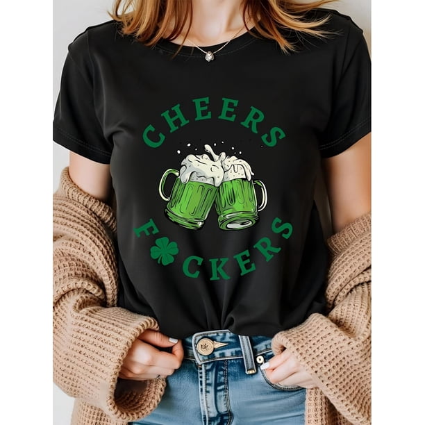 St. Patrick'S Day Drinking Lucky Clover Graphic Print Stylish Casual Short Sleeves, Summer Fit Fit, Camisetas de verano para mujer, manga corta, cuello redondo, casual, lindo, con gráficos, camisetas