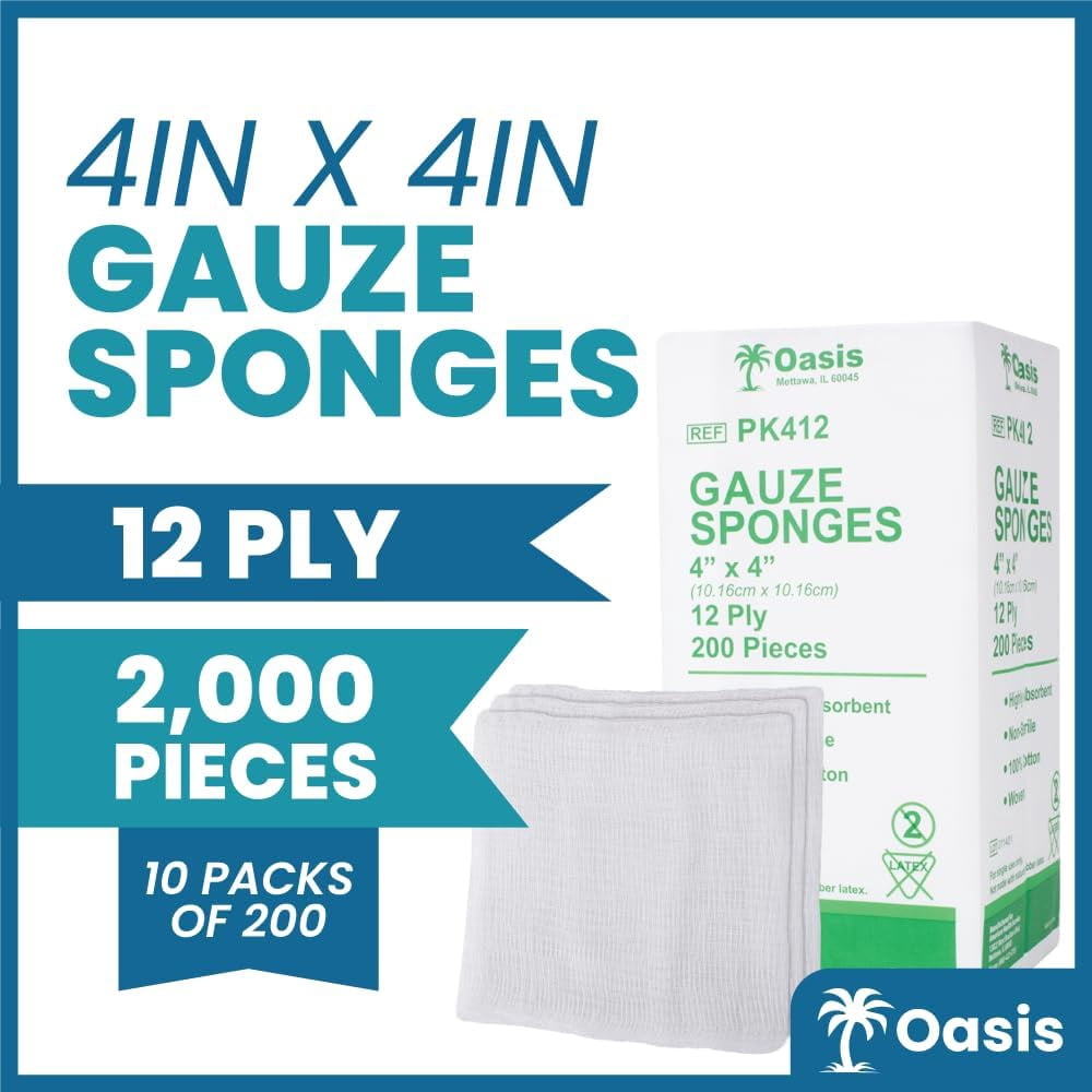 Oasis 4 x 4 inch Gauze Sponges, 100% Cotton, 12-Ply Woven Non-Sterile Gauze, Case of 2000
