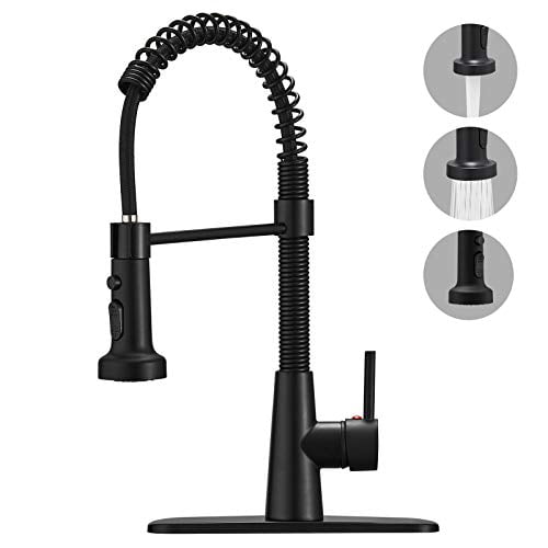 Hoimpro Brass Matte Black Kitchen Faucet with Pull Down Sprayer, Rv Spring Kitchen Sink Faucet , 3 Function Single Handle Laundry Faucet (1 or 3 Hole)