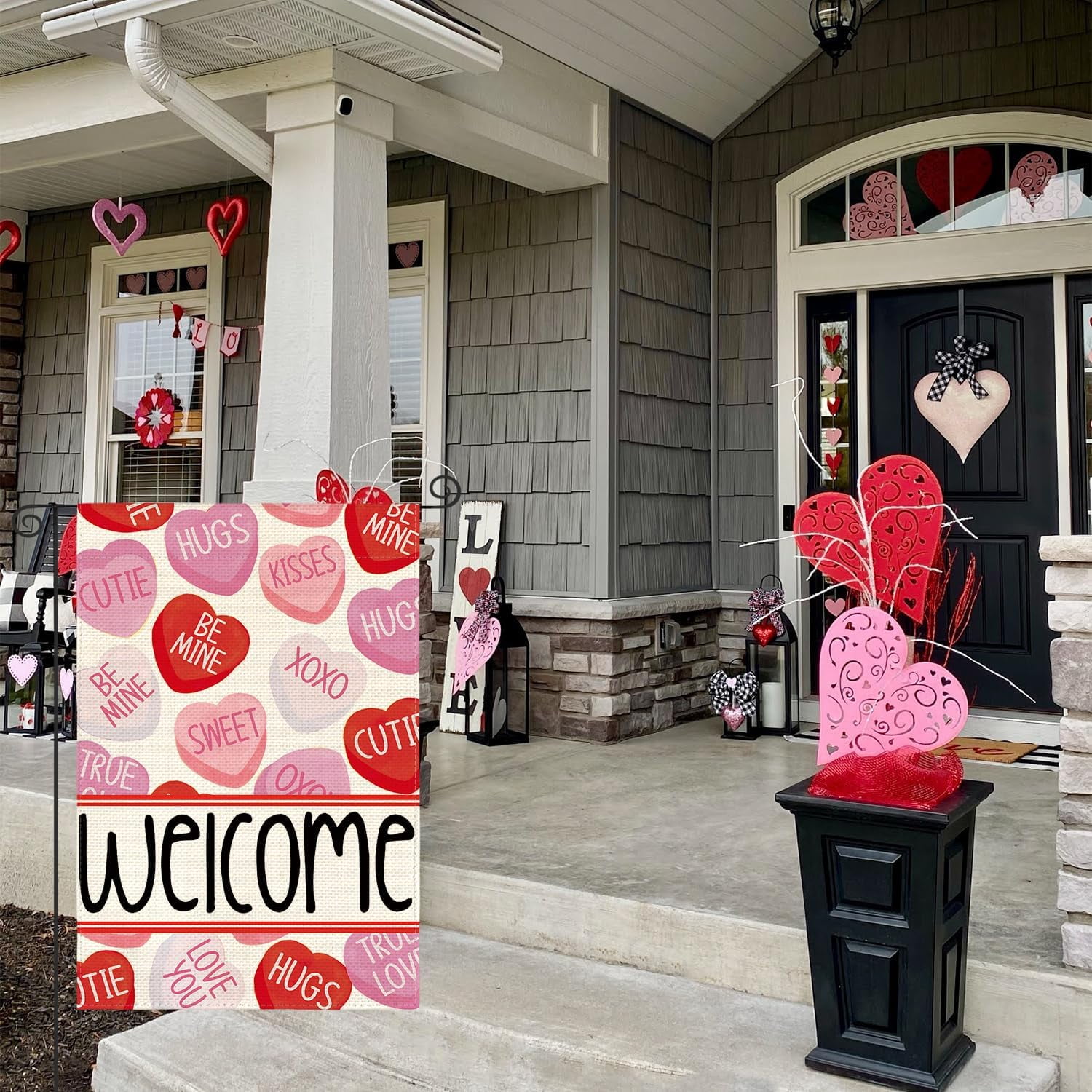 Lanola Valentines Day House Flag 28x40 Inch Double Sided Outside, Welcome Candy Love Hearts Anniversary Yard Outdoor Flag