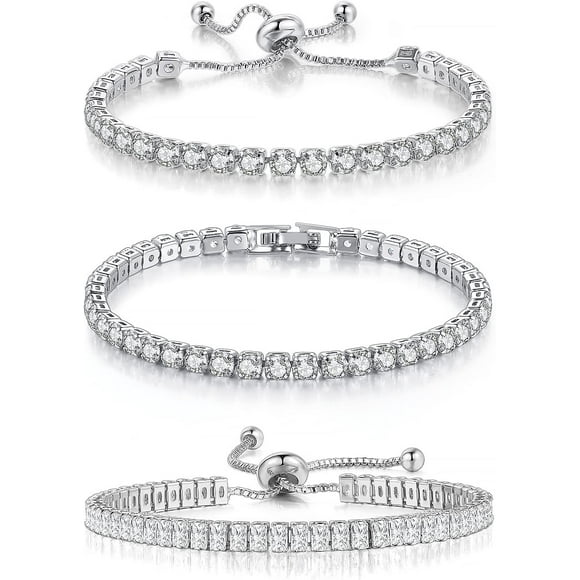 YQHWQ 3 Pcs Tennis Bracelets for Women 14K Gold Plated 4mm 5A+ Cubic Zirconia CZ Diamond Classic Adjustable Slider Bracelet Fashion Jewelry Wedding Gift Size 6.5-7.5 Inch White Gold