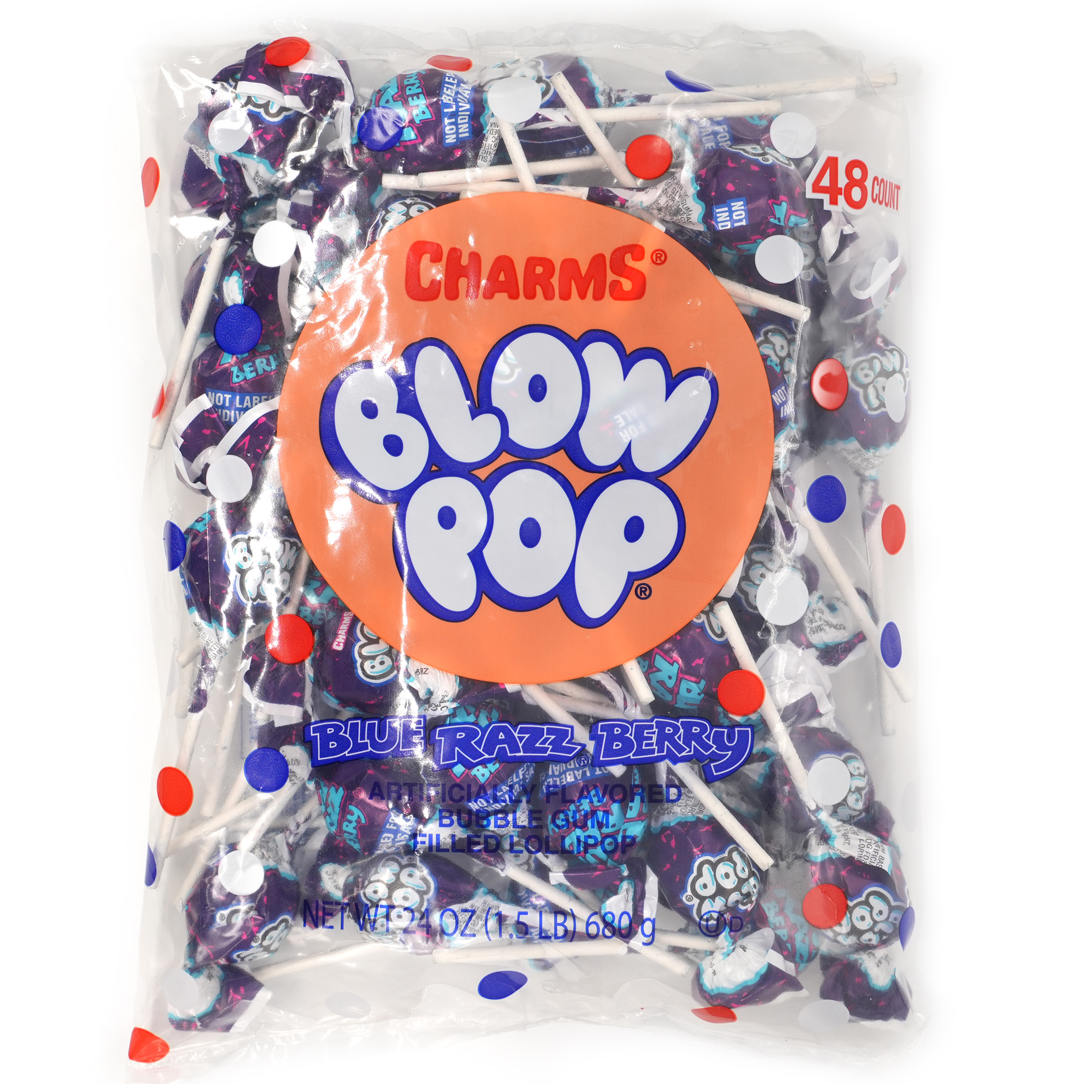 Charms Blow Pop Blue Razz Bubble Gum, 48 count, 50 calories, 24 oz. Bag