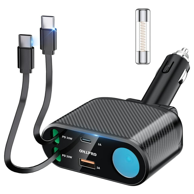 Cargador de coche OHLPRO 5 en 1 retráctil de 168 W con doble cable USB C