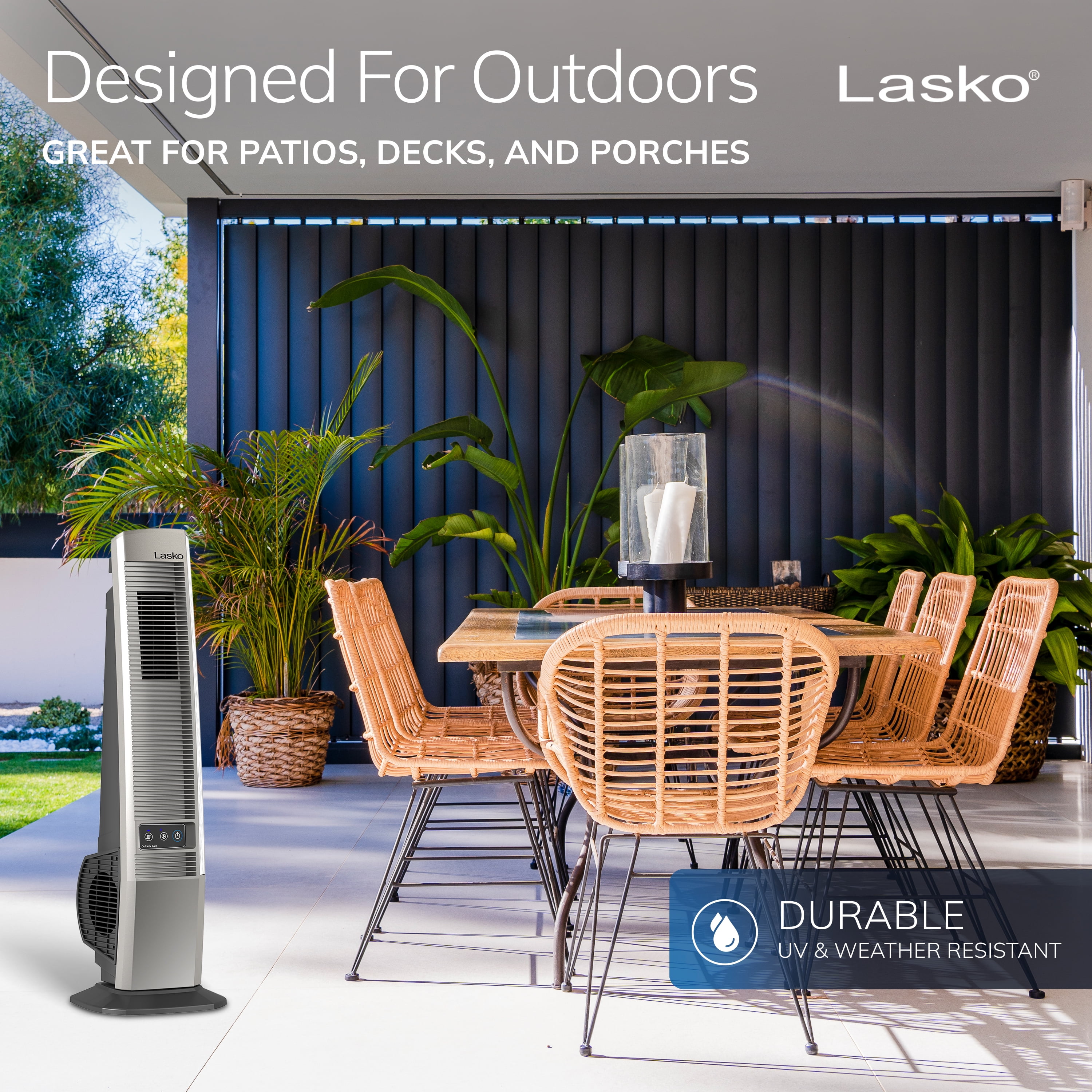 Lasko 42" 4-Speed Oscillating Tower Fan for Decks and Patios, 276 CFM, YF202