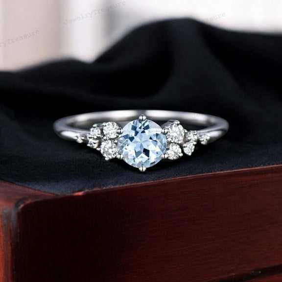 JEWELRYTREASURE 5 mm/ 1 Ct Aquamarine Ring 925 Sterling Silver Ring Cluster CZ Diamond Engagement Ring March Birthstone Ring Valentine's Day Gift for Lover