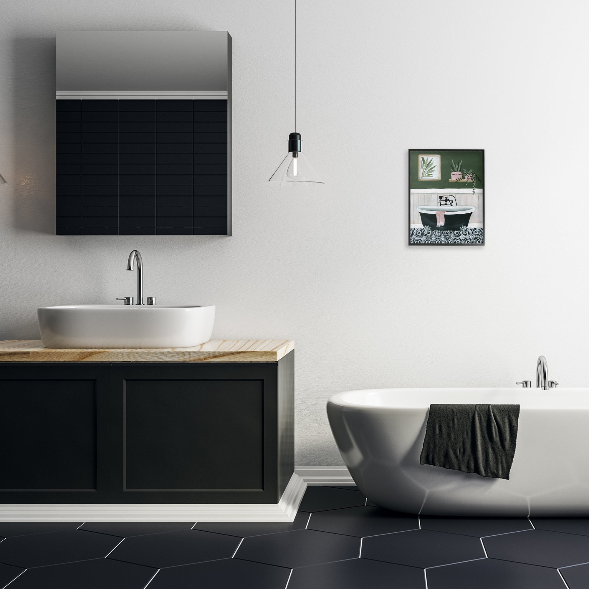 Stupell Industries Green Bathroom Scene Typography Painting Black Framed Art Print Wall Art, 11 x 14