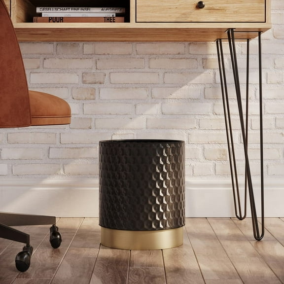 Honeycomb Metal Waste Basket With Gold Base - Black - 12"H x 10"W