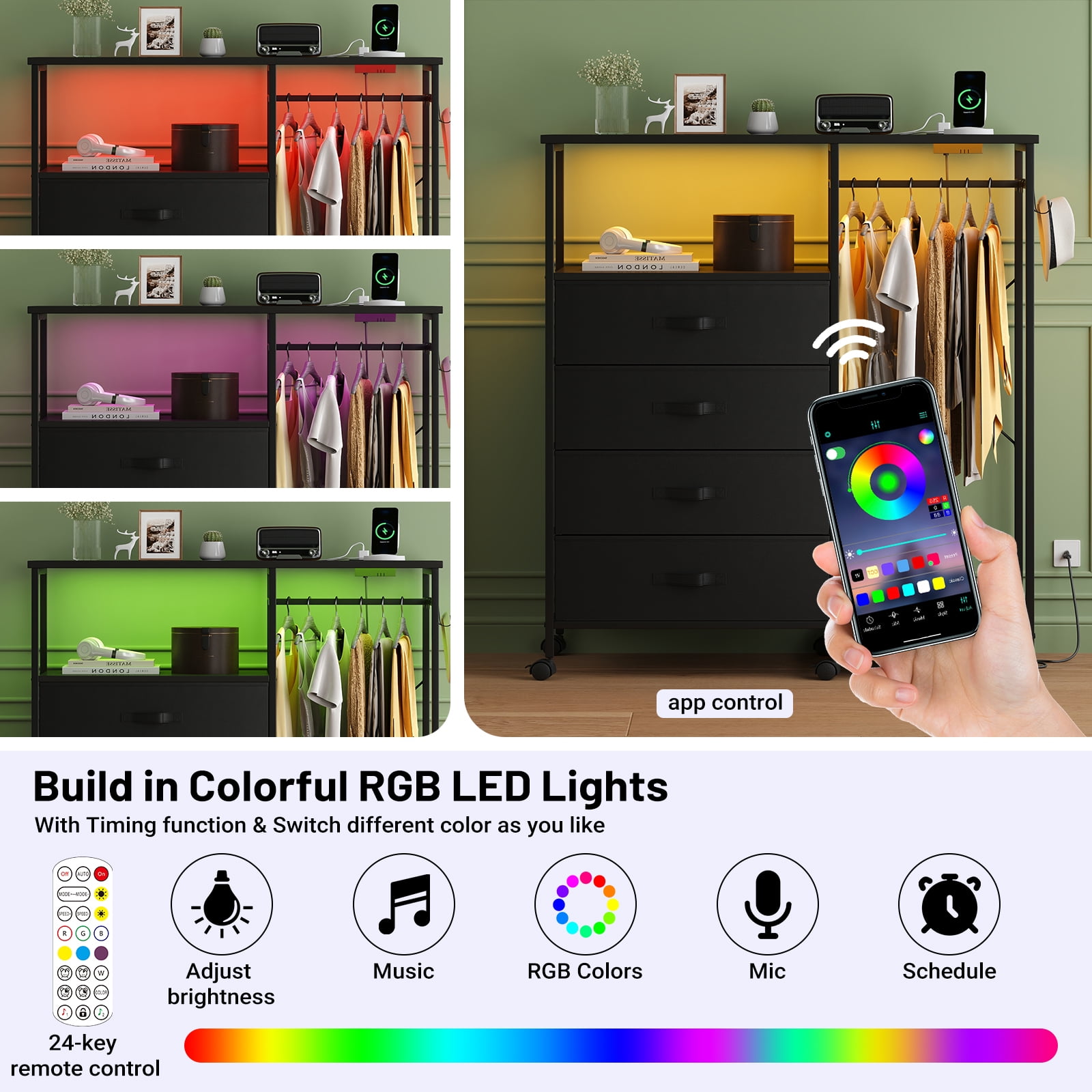 Bedroom Dresser with Hanging Rack, 4 Drawers Dresser with Charging Station and LED Lights, Storage Chest of Drawers with Wheels, Wooden Top, for Closet, Living Room Black