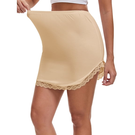 INSPIRE CHIC Women's Curved Slit Lined Lace Trim Half Slip Modal High Waist Knee Length Underskirt S Light Beige