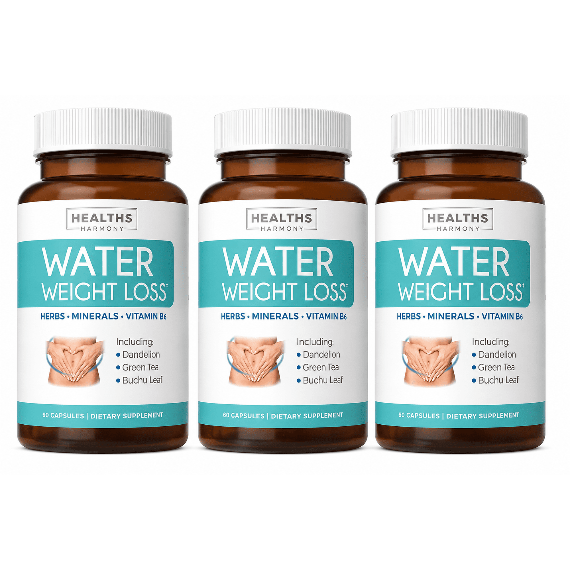 (3 pack) Healths Harmony Natural Water Weight Loss Pills, Diuretic Water Pills Bloating Relief, 60 Capsules