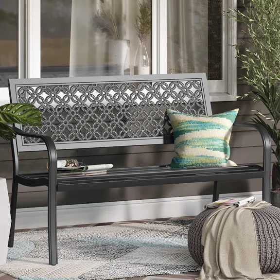 EVERITE Outdoor Steel Garden Bench ,Carved Floral Back Weatherproof Patio Seating,Black