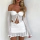 thumbnail image 4 of Conjunto de vestido de playa para mujer sexy Traje de falda con cordones de manga larga irregular (Blanco S) FLhrweasw Para estrenar, 4 of 8