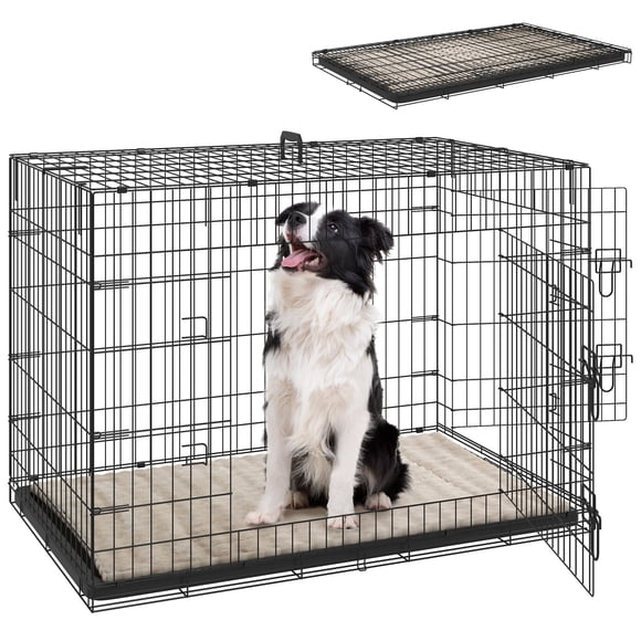 PawHut 41" Dog Crate, Folding Metal Dog Kennel with 2 Doors, Tray, Cushion