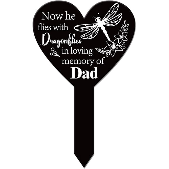 Heart Shaped Commemorative Dad Garden Stake Dragonfly Memorial Remembrance Plaque for Cemetery Acrylic Grave Stake Waterproof Flowers Blessing Garden Plaque for Yard Grave Cemetery DIY
