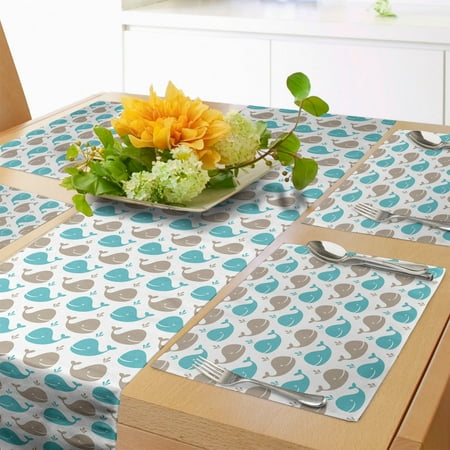 

Sea Animals Table Runner & Placemats Pattern Smiling Whale Cartoon Repeated Design Illustration Set for Dining Table Decor Placemat 4 pcs + Runner 14 x90 Tan Turquoise White by Ambesonne