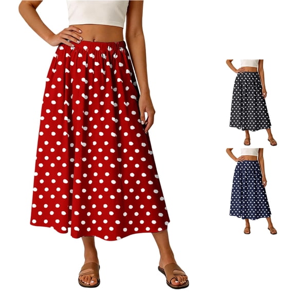 Jane Wardrobe Elastic High Waist Polka Dot A-Line Midi Skirt Women Stretch Flowy Vacation Casual Long Skirt 1PC XS-XXL Plus Size Friendly