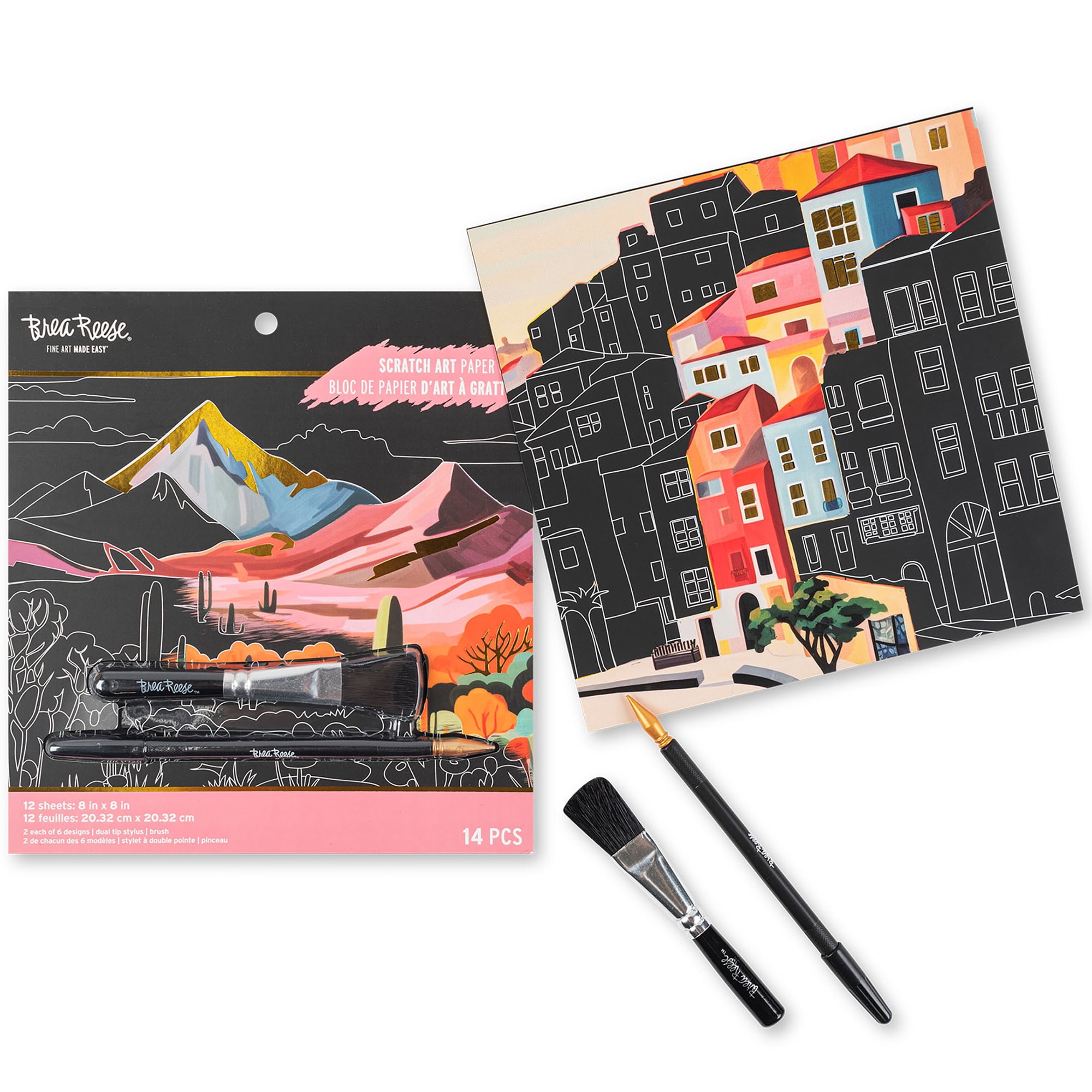 Brea Reese: Scratch Art Paper Pad - Landscape Destinations - 12 Sheets, 6 Guided Designs, Metallic Accents, Dual-Tip Stylus & Brush, 8x8" Pages, Craft