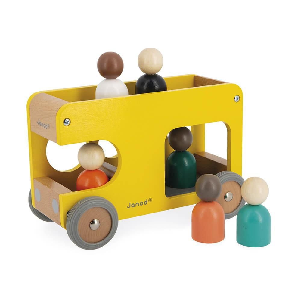 Janod - Bolid Solid Wood School Bus - Silent Wheels - Imagination and Fine Motor Skills - Water-Based Paints - 2 Years + - Yellow - 346355.