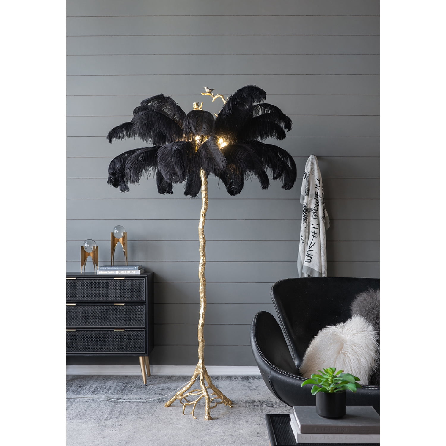 Feather Floor Lamp - Elegant Black Gold Lamp - Rococo Style Lighting for Living Room Bedroom