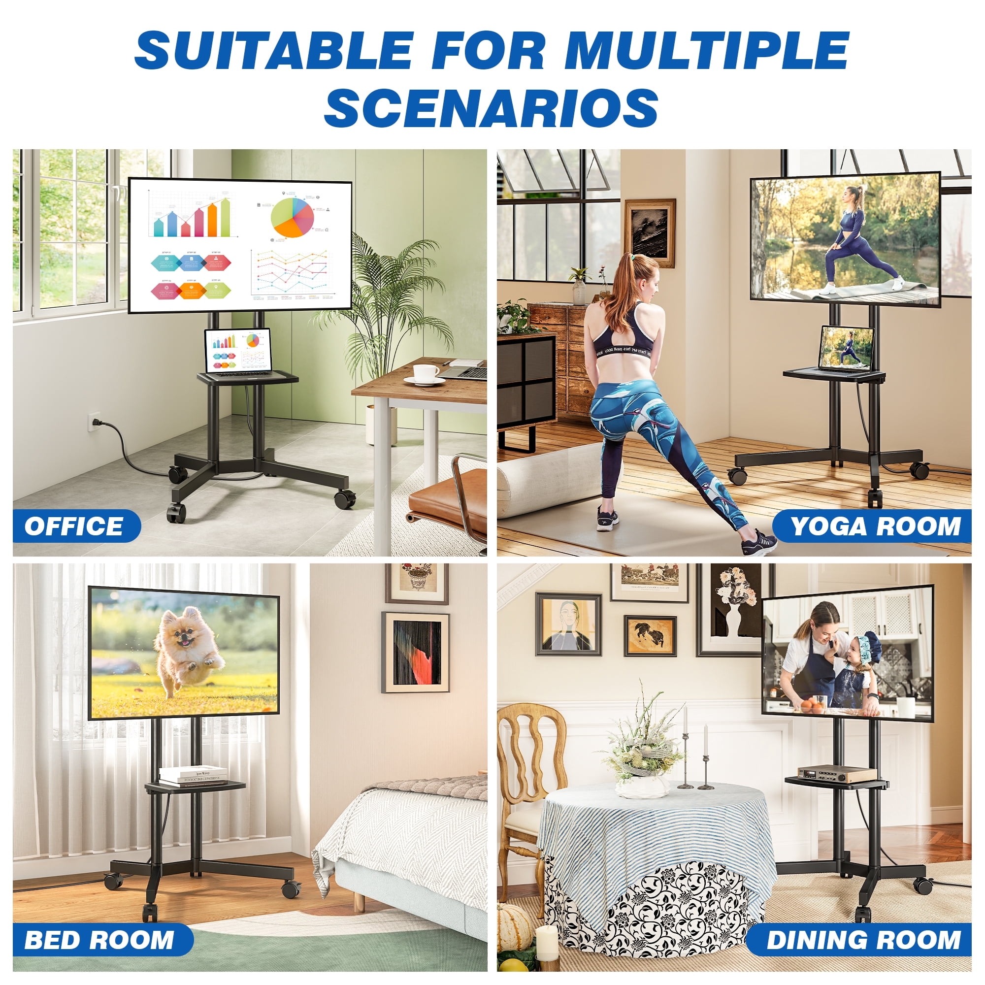 TAVR Furniture Rolling TV Stand with Wheels & Power Outlet for 32-70 inch TVs up to 88lbs, Height Adjustable for Outdoor, Home, Office