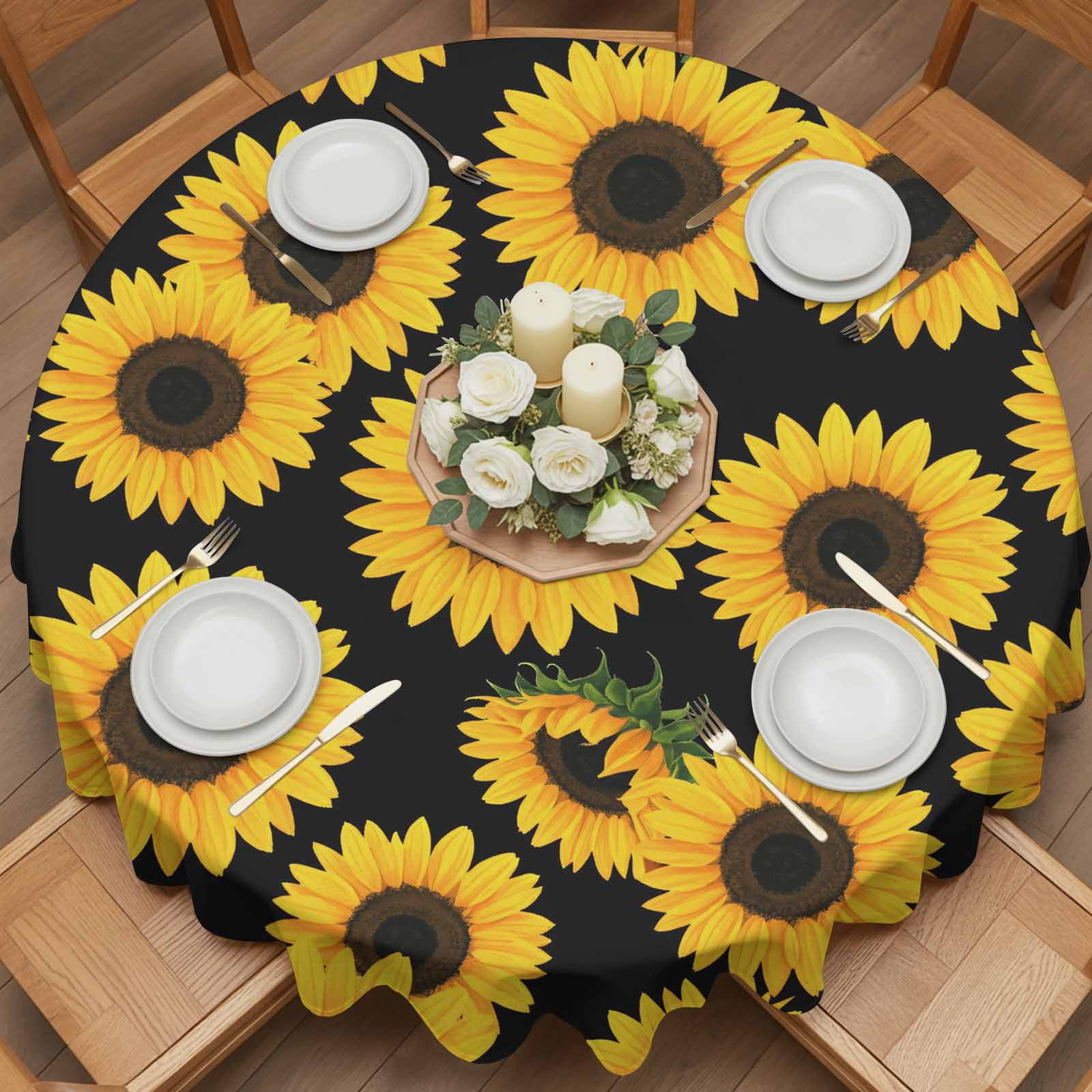 Round Tablecloth Black Sunflower Pattern Waterproof Oil Proof Polyester Table Cloth Cover Decor for Home Dining Outdoor,Patio,Parties, 60" Dia. Floral Print