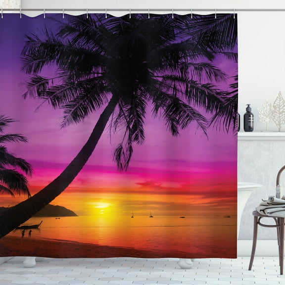 Ambesonne Tropical Shower Curtain, Palm Shadow at Sunset, 69"Wx70"L, Purple Orange Black