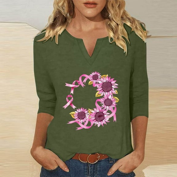 NSLGXD Women's Breast Cancer Awareness 3/4 Sleeve Shirts Casual V Neck Pink Ribbon Print Spread The Hope Tee Tops Fall Lightweight Pullover Shirts