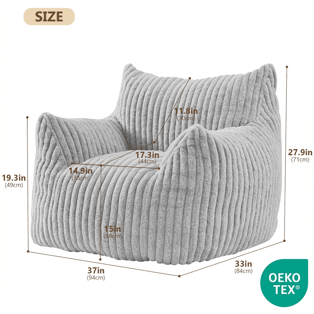 Ebenchico 3ft Bean Bag Chair for Adults Teens Kids with Armrests, Striped Fuzzy BeanBag Chairs with Filling, Light Gray