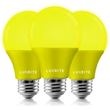 Luxrite A19 Yellow LED Bug Light Bulbs 8W Non-Dimmable UL Listed E26 Indoor Outdoor Porch Deck Home Lighting 3 Pack Yellow