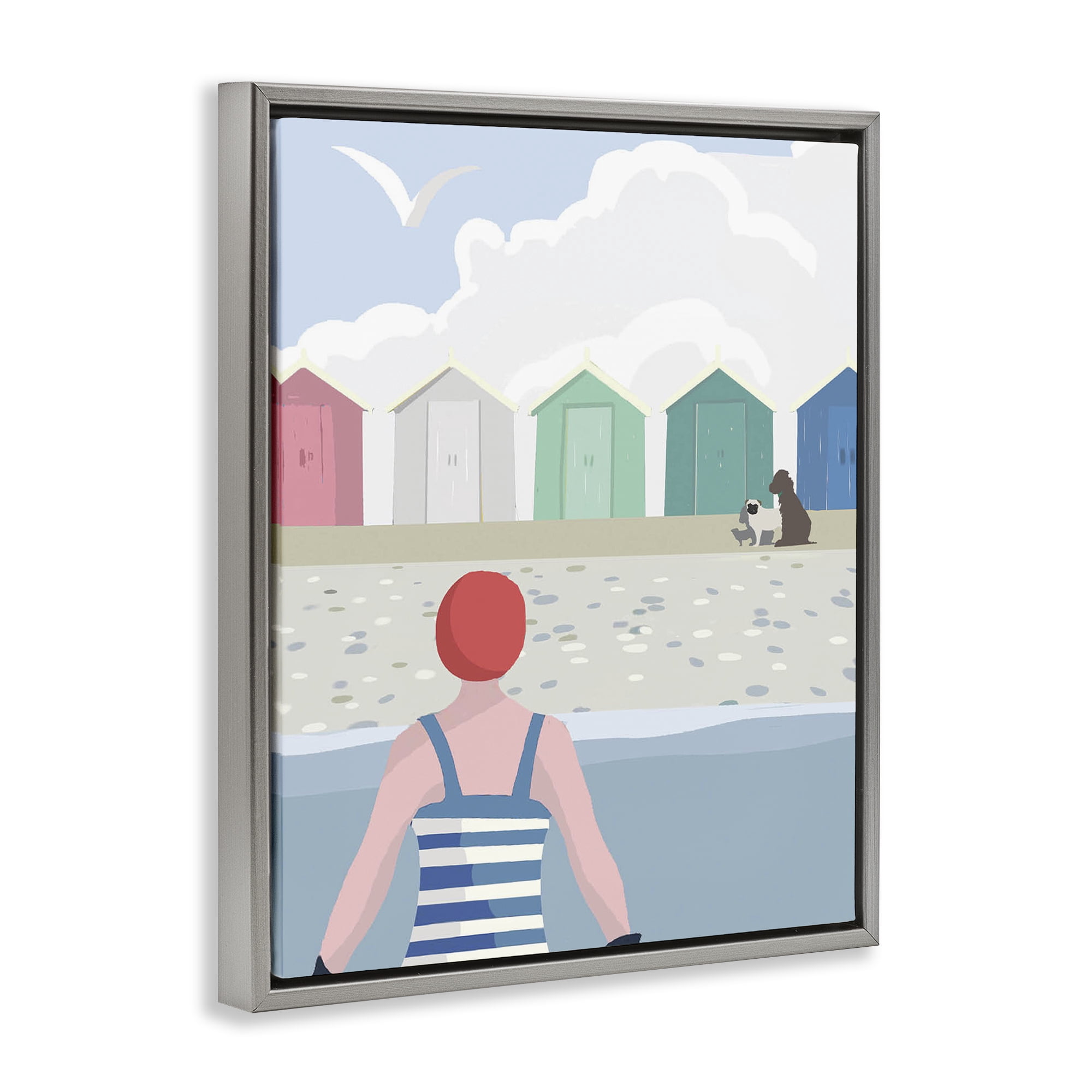 Stupell Industries Beach Huts View Nautical & Beach Painting Gray Floater Framed Canvas Art Print Wall Art, 17 x 21