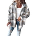thumbnail image 4 of Women'S Casual Jacket Plaid Long Sleeve Shacket Fleece Lined Hooded Jackets Warm Coat Light Gray XXXL, 4 of 9