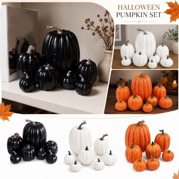 Artificial Pumpkins, Halloween Pumpkin Decorations, Spooky Halloween Decor, Black Table Decor, 7-Piece Shiny Black Faux Pumpkin Set for Indoor Halloween Party and Fall Holiday