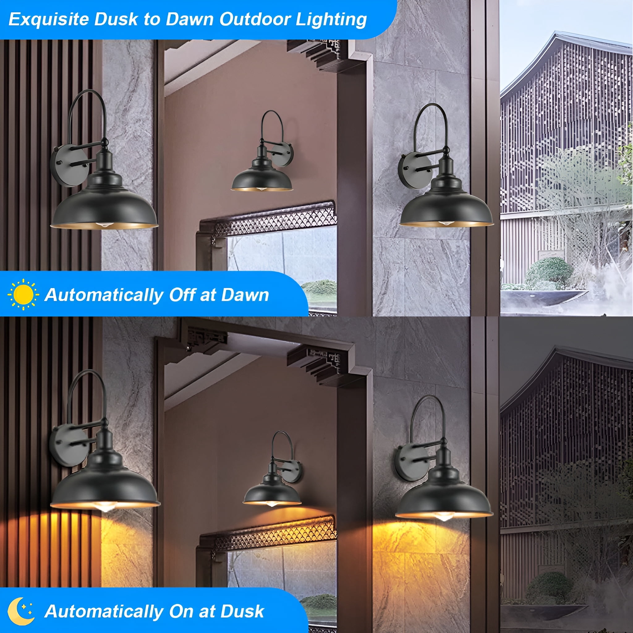 GCGAFUL Dusk to Dawn Outdoor Barn Lights 2 Pack, Farmhouse Gooseneck Wall Sconce, Waterproof Vintage Lighting for Porch, Garage, Patio