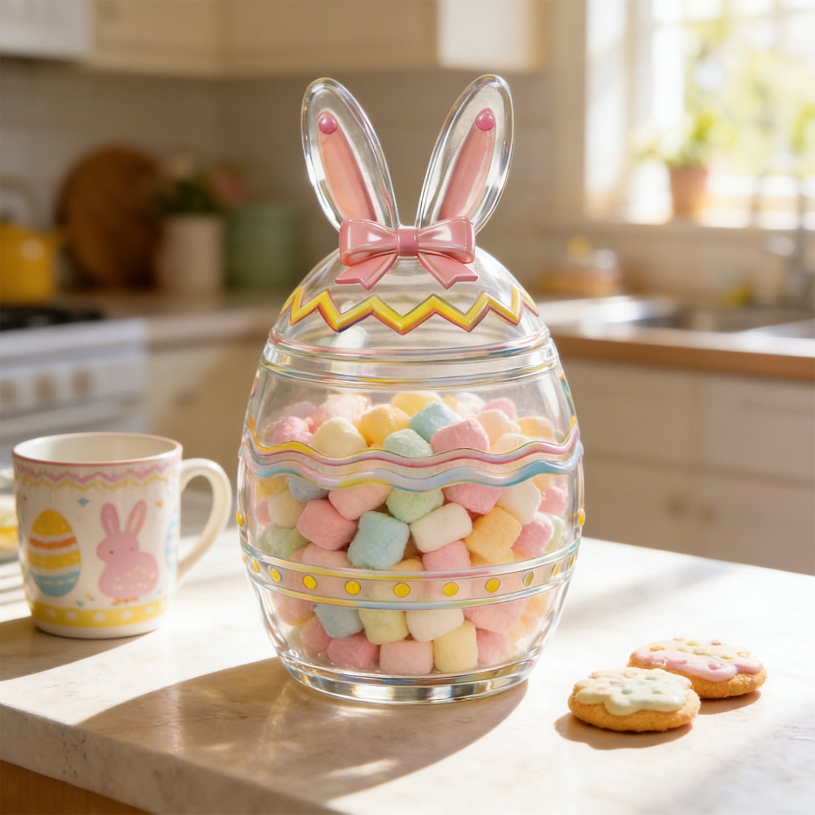 Easter Themed Glass Candy Jar with Lid, Rabbit and Egg Decorative Storage Container, Airtight Treat Jar for Kitchen Counter, Festive Holiday Gift Box for Sweets and Snacks
