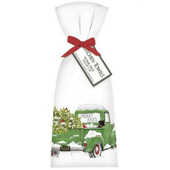 Mary Lake-Thompson T1936 2 Holiday Truck Green Ribbon Tied Flour Sack Towels