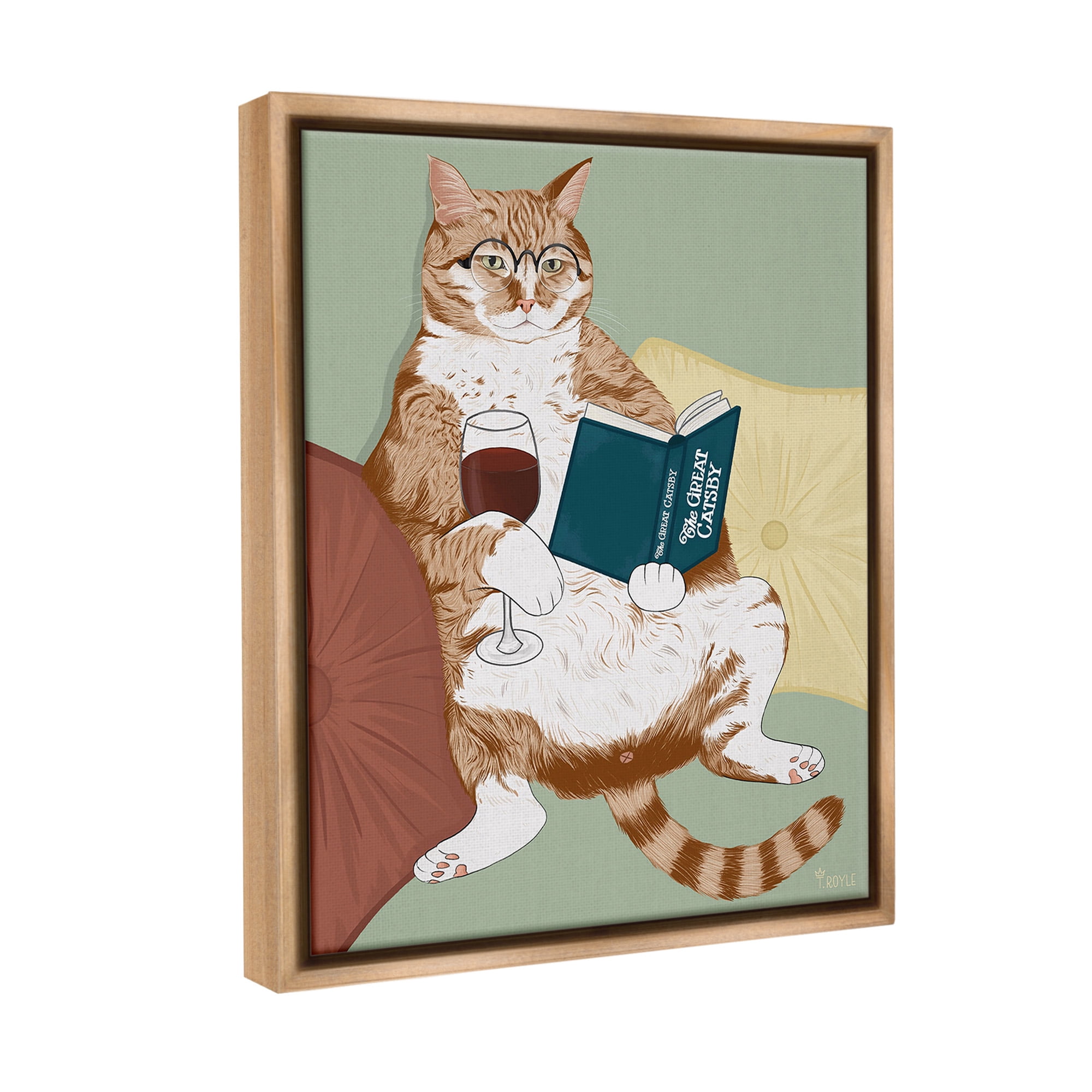 Stupell Industries Cat Reading with Wine Animals & Insects Painting Brown Floater Framed Canvas Art Print Wall Art, 25 x 31